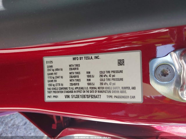 44606745 :رقم المزاد ، 5YJ3E1EB7SF926477 vin ، 2025 Tesla Model 3 Long Range All-wheel Drive مزاد بيع
