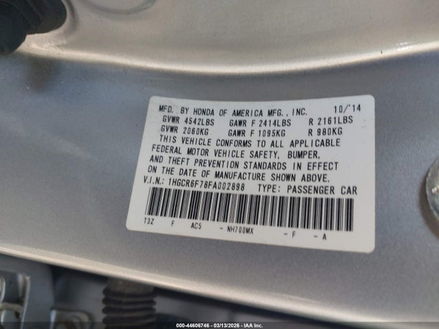 44606746 :رقم المزاد ، 1HGCR6F78FA002898 vin ، 2015 Honda Accord Hybrid Touring مزاد بيع