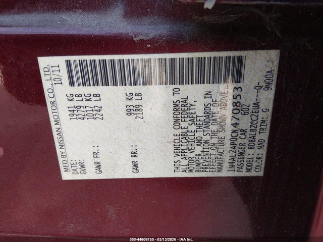 2012 Nissan Altima 2.5 S მანქანა იყიდება აუქციონზე, vin: 1N4AL2AP0CN470853, აუქციონის ნომერი: 44606750