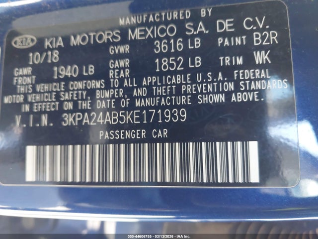 Aukcja sprzedaży 2019 Kia Rio S, vin: 3KPA24AB5KE171939, numer aukcji: 44606755