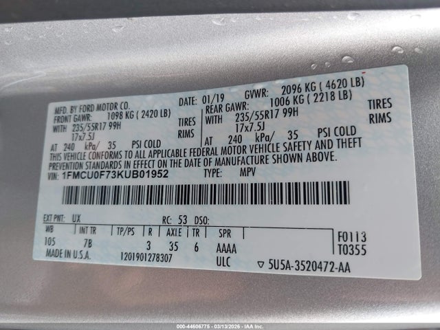 Aukcja sprzedaży 2019 Ford Escape S, vin: 1FMCU0F73KUB01952, numer aukcji: 44606775