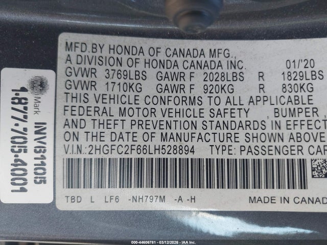 Honda Civic Lx 2020 2HGFC2F66LH528894 Image 9