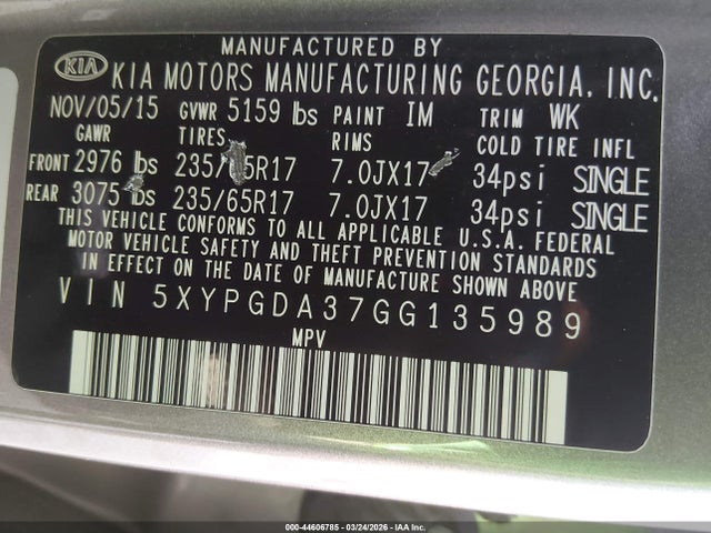 5XYPGDA37GG135989 KIA Sorento 2.4l Lx