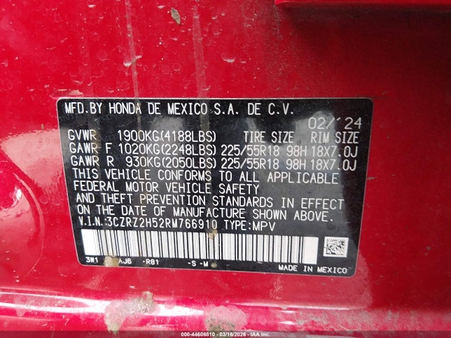 3CZRZ2H52RM766910 Honda Hr-v Awd Sport/awd Sport W/o Bsi