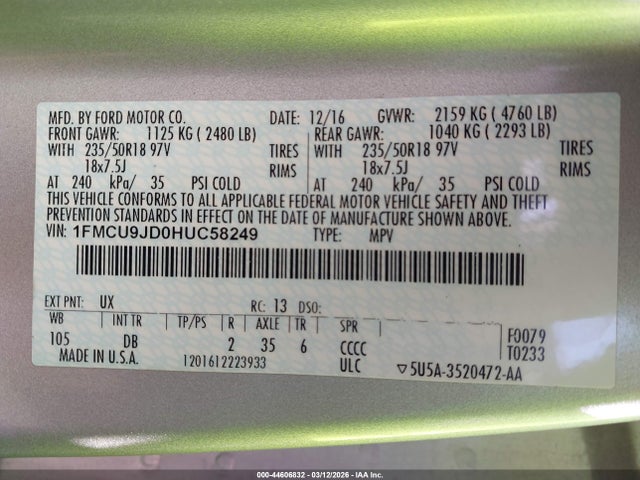 Продаж на аукціоні авто 2017 Ford Escape Titanium, vin: 1FMCU9JD0HUC58249, номер лоту: 44606832