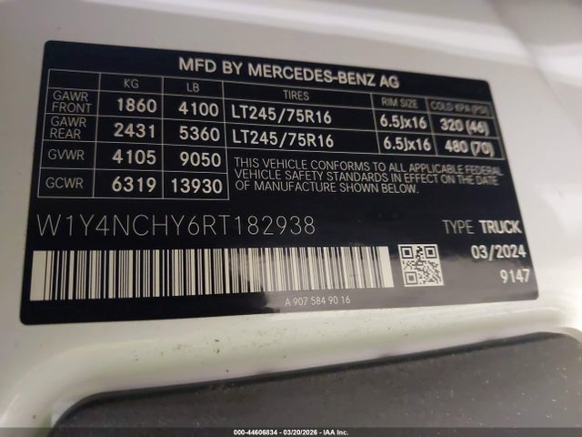 44606834 :رقم المزاد ، W1Y4NCHY6RT182938 vin ، 2024 Mercedes-benz Sprinter 2500 High Roof 4-cyl Diesel Ho مزاد بيع