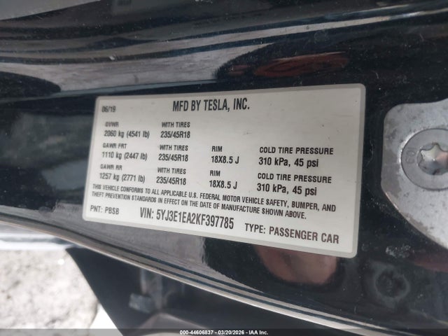 44606837 :رقم المزاد ، 5YJ3E1EA2KF397785 vin ، 2019 Tesla Model 3 Long Range/mid Range/standard Range/standard Range Plus مزاد بيع