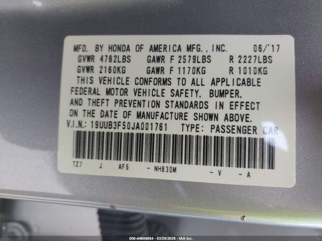 44606864 :رقم المزاد ، 19UUB3F50JA001761 vin ، 2018 Acura Tlx Tech Pkg مزاد بيع