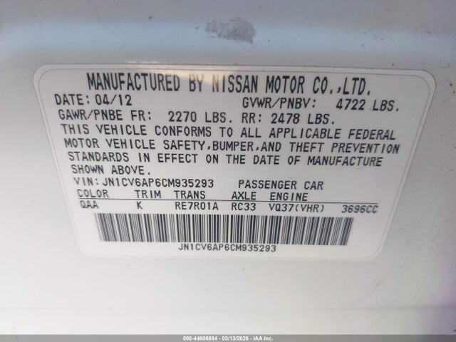 2012 Infiniti G37 Journey მანქანა იყიდება აუქციონზე, vin: JN1CV6AP6CM935293, აუქციონის ნომერი: 44606884
