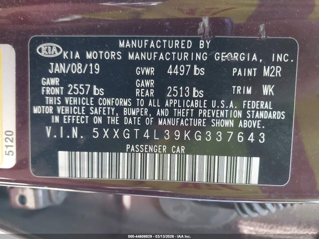 Aukcja sprzedaży 2019 Kia Optima Lx, vin: 5XXGT4L39KG337643, numer aukcji: 44606929