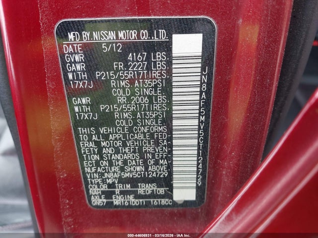 Aukcja sprzedaży 2012 Nissan Juke Sl, vin: JN8AF5MV5CT124729, numer aukcji: 44606931