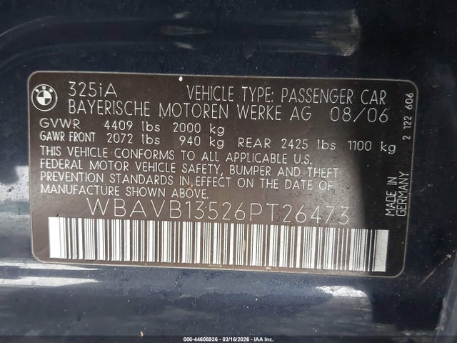 Aukcja sprzedaży 2006 Bmw 325i, vin: WBAVB13526PT26473, numer aukcji: 44606936
