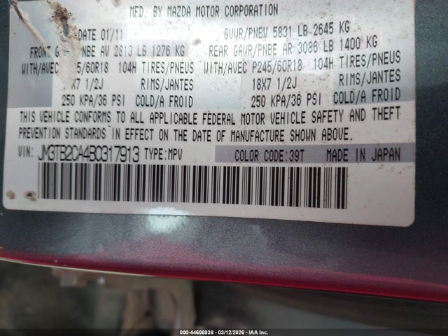 44606938 :رقم المزاد ، JM3TB2CA4B0317913 vin ، 2011 Mazda Cx-9 Touring مزاد بيع