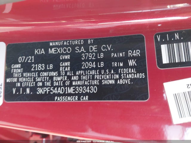 3KPF54AD1ME393430 KIA FORTE EX