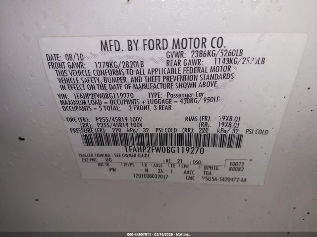 2011 FORD TAURUS 1FAHP2FW0BG119270 Photo 8