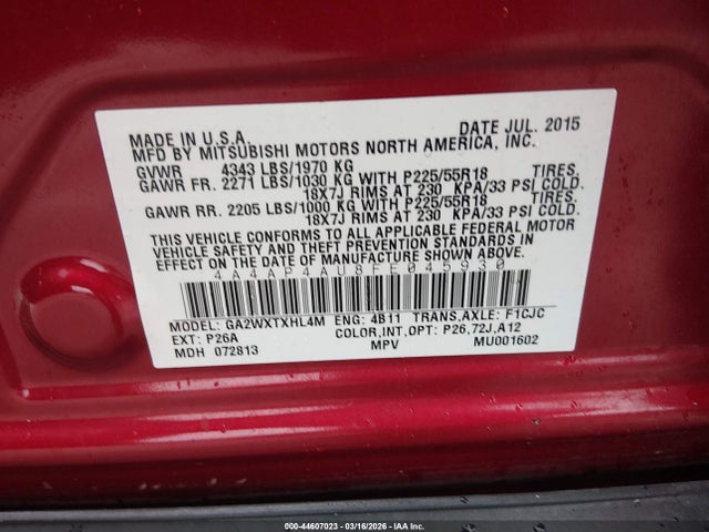 Aukcja sprzedaży 2015 Mitsubishi Outlander Sport Se, vin: 4A4AP4AU8FE045930, numer aukcji: 44607023