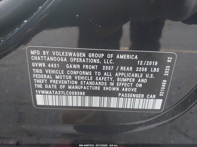 44607032 :رقم المزاد ، 1VWMA7A37LC008385 vin ، 2020 Volkswagen Passat 2.0t R-line مزاد بيع