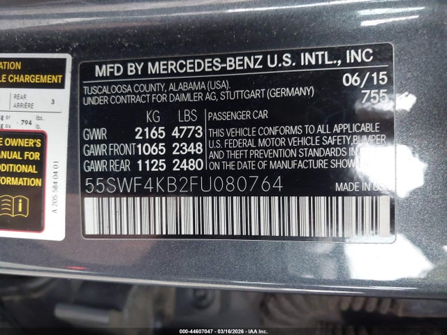 Продажа на аукционе авто 2015 Mercedes-benz C 300 4matic, vin: 55SWF4KB2FU080764, номер лота: 44607047