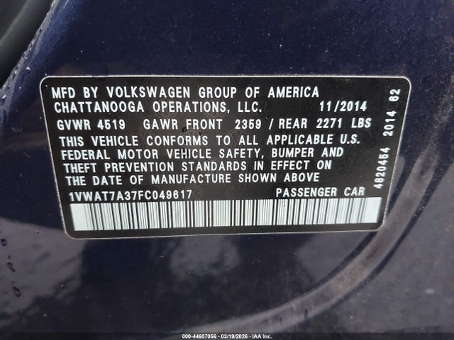 1VWAT7A37FC049617 Volkswagen Passat 1.8t Wolfsburg Edition