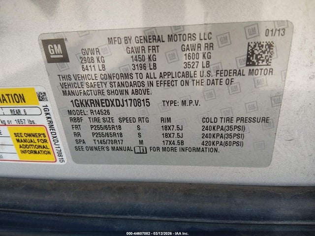 Aukcja sprzedaży 2013 Gmc Acadia Sle-1, vin: 1GKKRNEDXDJ170815, numer aukcji: 44607082
