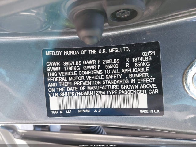 SHHFK7H43MU412794 Honda Civic Sport