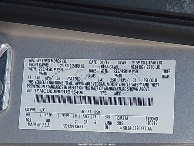 44607119 :رقم المزاد ، 1FMCU0J98DUB15406 vin ، 2013 Ford Escape Titanium مزاد بيع