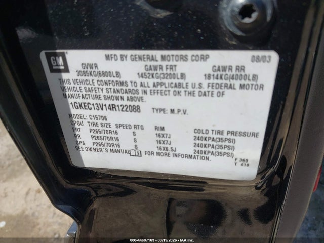44607163 :رقم المزاد ، 1GKEC13V14R122088 vin ، 2004 Gmc Yukon Slt مزاد بيع
