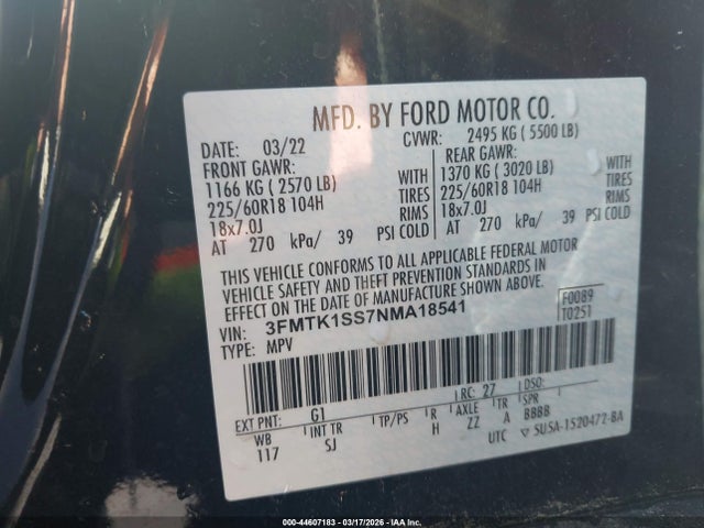 44607183 :رقم المزاد ، 3FMTK1SS7NMA18541 vin ، 2022 Ford Mustang Mach-e Select مزاد بيع