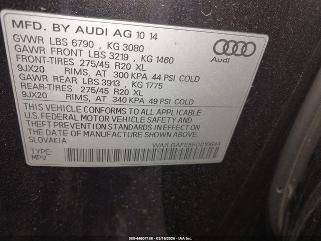 Aukcja sprzedaży 2015 Audi Q7 3.0t Premium, vin: WA1LGAFE5FD010844, numer aukcji: 44607186