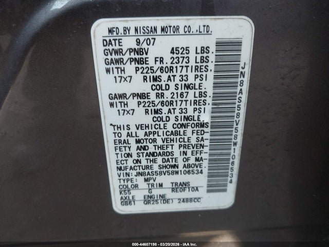 2008 Nissan Rogue Sl მანქანა იყიდება აუქციონზე, vin: JN8AS58V58W106534, აუქციონის ნომერი: 44607198