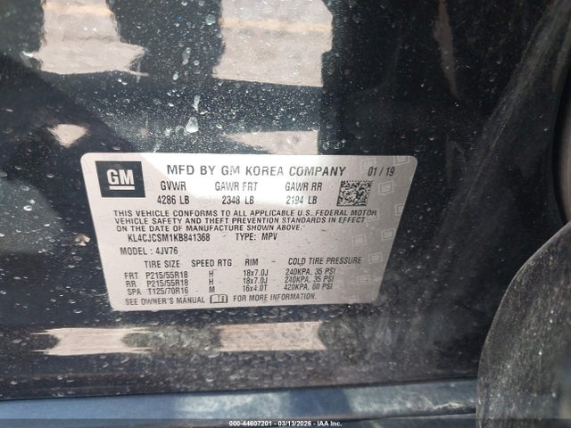 2019 Buick Encore Fwd Essence მანქანა იყიდება აუქციონზე, vin: KL4CJCSM1KB841368, აუქციონის ნომერი: 44607201