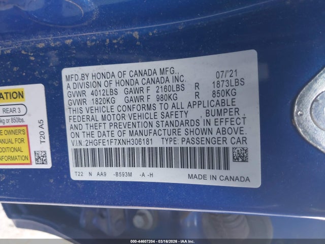 2HGFE1F7XNH306181 Honda CIVIC EX