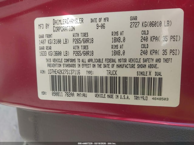 44607229 :رقم المزاد ، 1D7HE42K27S137116 vin ، 2007 Dodge Dakota Slt مزاد بيع