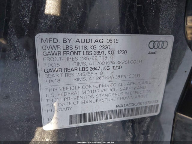 2019 Audi Q3 2.0t Premium მანქანა იყიდება აუქციონზე, vin: WA1AECF39K1079703, აუქციონის ნომერი: 44607234