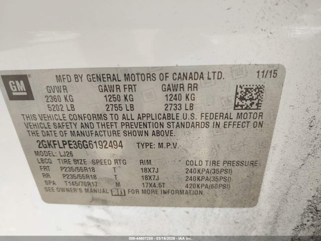 Продаж на аукціоні авто 2016 Gmc Terrain Slt, vin: 2GKFLPE36G6192494, номер лоту: 44607258