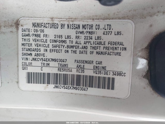 Aukcja sprzedaży 2007 Infiniti G35, vin: JNKCV54EX7M903047, numer aukcji: 44607260