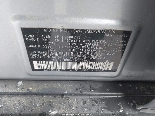 Aukcja sprzedaży 2012 Subaru Outback 2.5i Limited, vin: 4S4BRBKC2C3208929, numer aukcji: 44607267