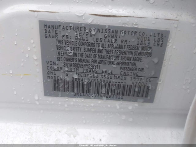 44607277 :رقم المزاد ، 3N1AB8CV5NY225311 vin ، 2022 Nissan Sentra Sv Xtronic Cvt مزاد بيع