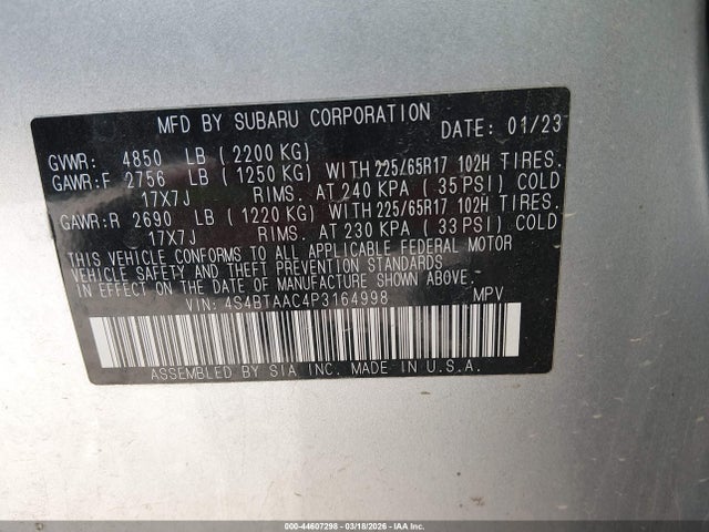 44607298 :رقم المزاد ، 4S4BTAAC4P3164998 vin ، 2023 Subaru Outback مزاد بيع