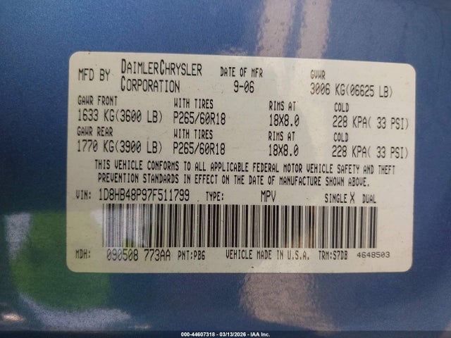 Продаж на аукціоні авто 2007 Dodge Durango Slt, vin: 1D8HB48P97F511799, номер лоту: 44607318