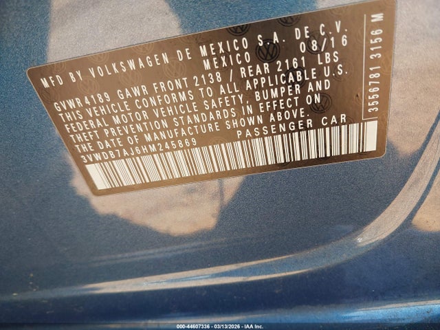 44607336 :رقم المزاد ، 3VWDB7AJ6HM245869 vin ، 2017 Volkswagen Jetta 1.4t Se مزاد بيع