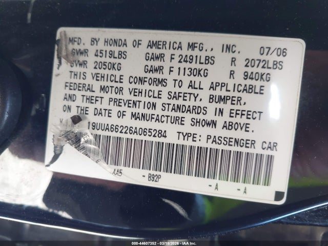 Aukcja sprzedaży 2006 Acura Tl, vin: 19UUA66226A065284, numer aukcji: 44607352