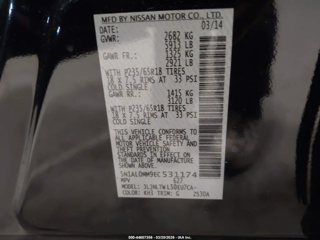 2014 Infiniti Qx60 მანქანა იყიდება აუქციონზე, vin: 5N1AL0MM9EC531174, აუქციონის ნომერი: 44607356