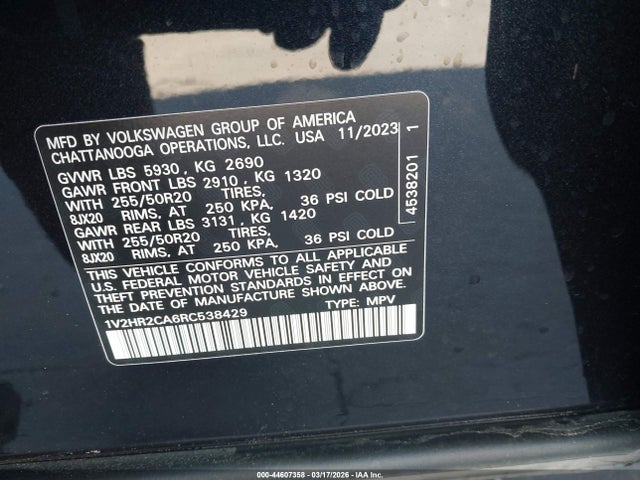 44607358 :رقم المزاد ، 1V2HR2CA6RC538429 vin ، 2024 Volkswagen Atlas 2.0t Se W/technology مزاد بيع
