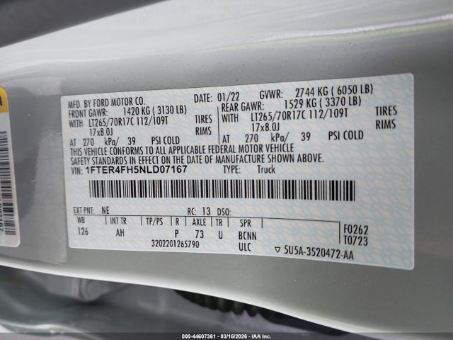 Продаж на аукціоні авто 2022 Ford Ranger Xlt, vin: 1FTER4FH5NLD07167, номер лоту: 44607361