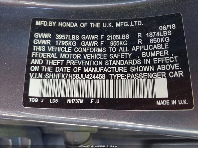 SHHFK7H58JU424458 Honda CIVIC EX