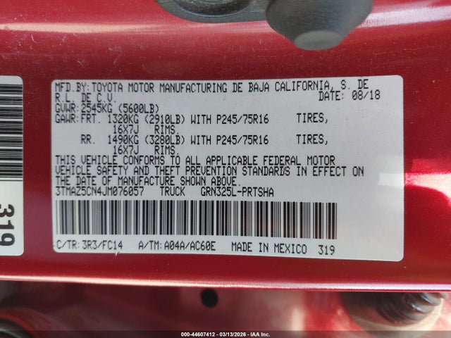 44607412 :رقم المزاد ، 3TMAZ5CN4JM076057 vin ، 2018 Toyota Tacoma Sr5 V6 مزاد بيع