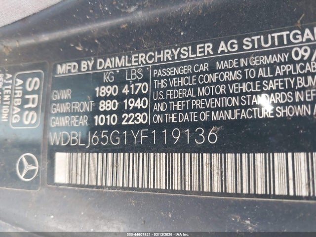 44607421 :رقم المزاد ، WDBLJ65G1YF119136 vin ، 2000 Mercedes-benz Clk 320 مزاد بيع