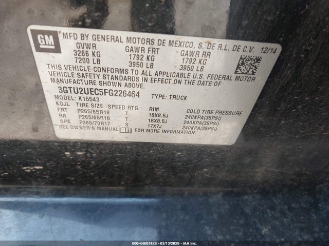 2015 Gmc Sierra 1500 Sle მანქანა იყიდება აუქციონზე, vin: 3GTU2UEC5FG226464, აუქციონის ნომერი: 44607428