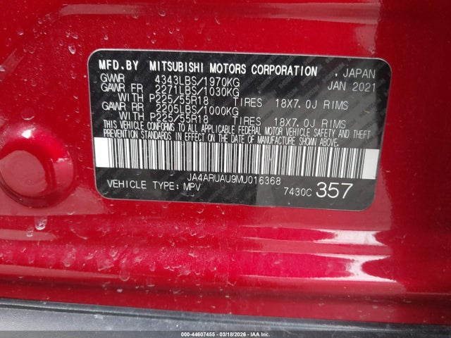 Продаж на аукціоні авто 2021 Mitsubishi Outlander Sport 2.0 Be Awc/2.0 Es Awc/2.0 Le Awc/2.0 Se Awc, vin: JA4ARUAU9MU016368, номер лоту: 44607455
